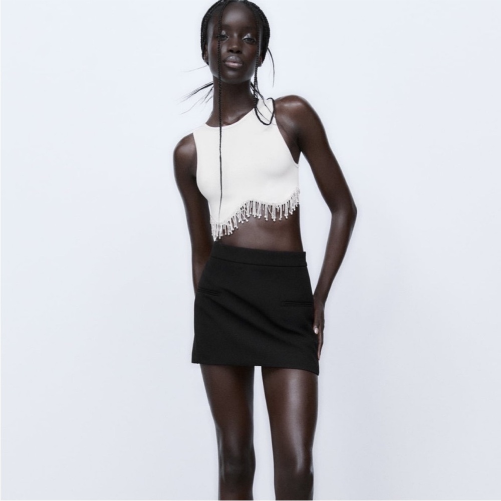 Zara white ribbed rhinestone fringe party western festival crop top XS | cowgirl